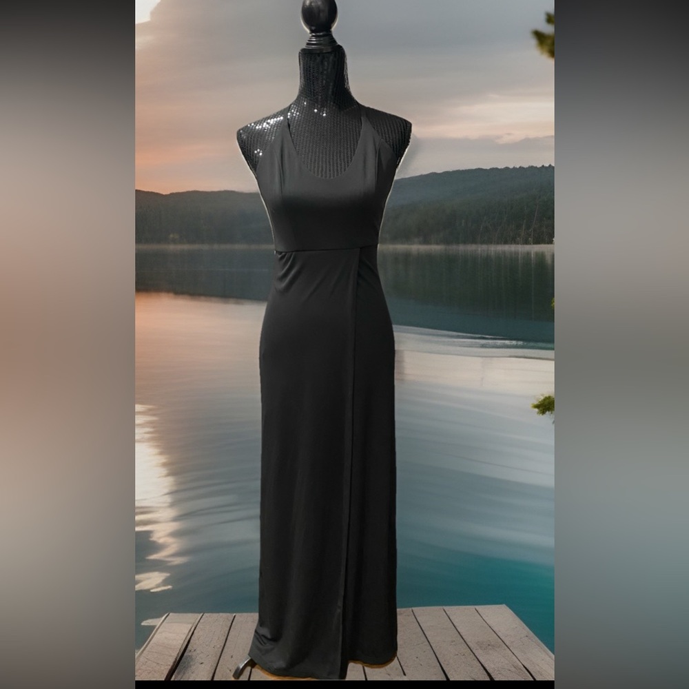 EUC Caribbean Queen Black Halter Long Maxi Cocktail Party Dress Back Zip Size S